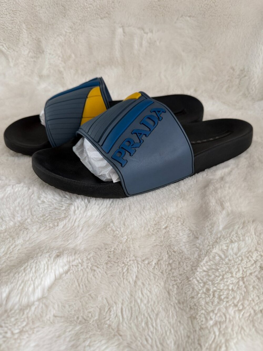 Prada Men's Blue & Yellow Rubber Logo Slides Sandals Size: 12